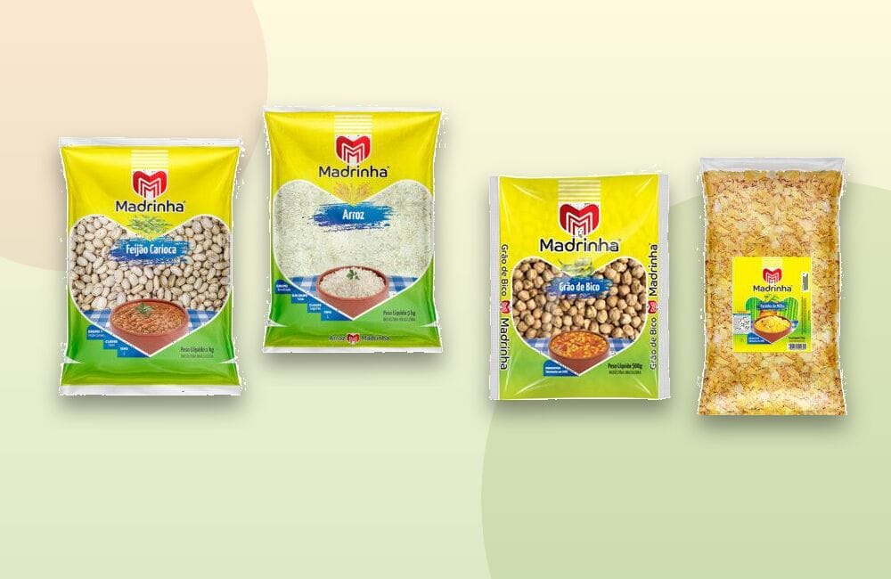 Montagem com feijão, arroz, grão-de-bico e farinha de milho Madrinha
